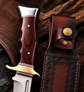 Couteau de chasse artisanal en acier inoxydable D2 à pointe tombante |   Couteau de survie à lame fixe, manche en bois, cuir véritable, DIY - Product Image 2