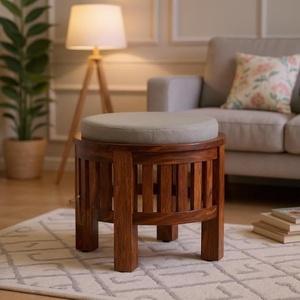 Handcrafted Wooden Round Top <b>Stool</b> <b>with</b> Cushion Honey Finish Multipurpose Side <b>Table</b> Footrest for Living Room Bedroom Lounge - Product Image 1