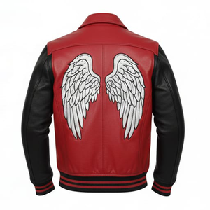 Veste en cuir véritable et toile écologique coupe-vent personnalisée rouge et noire pour homme, broderie ailes d'ange, streetwear bicolore - Product Image 1