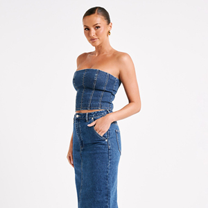 Nouveaux ensembles 2 pièces en jean sexy pour femmes, hauts bustier en denim, style coréen, collection hiver, prix de gros bas, OEM - Product Image 3