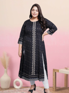 Kurti Anarkali de Rayón para Mujer, Talla Grande, Estampado Geométrico Negro, Cuello Redondo, Mangas Tres Cuartos, Cómodo para Uso Diario - Product Image 1