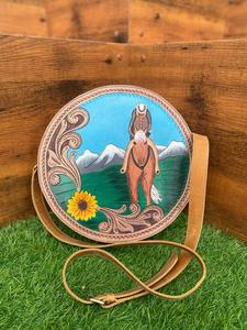 กระเป๋าโรงอาหารหนังเครื่องมือสำหรับผู้หญิงกระเป๋าคาดลำตัวทรงกลมพิมพ์ลายดอกไม้สไตล์วินเทจใหม่สไตล์ตะวันตก - Product Image 2