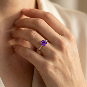 Améthyste violette naturelle taillée sur coussin et véritables bagues en grappe de diamants certifiés en or massif 18 carats bijoux en pierre de naissance fine - Product Image 2