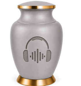 Elegante Urna Funeraria Gris Mate con Auriculares y Grabado de Icono de Chat, Urna Conmemorativa Premium para Amantes de la Música y Entusiastas de los Podcasts - Product Image 3
