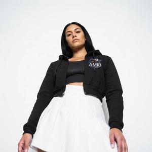 <b>Women's</b> Black Cropped <b>Hoodie</b> Zip-Up Sweatshirt With <b>White</b> Drawstrings Regular Sleeve Knitted Cotton Autumn Wear - Product Image 6