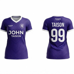 เสื้อฟุตบอลผู้ชายคุณภาพพรีเมียม 140 กรัม ผ้าโพลีเอสเตอร์อินเตอร์ล็อค สีม่วงขาว ทรงแอธเลติก พิมพ์ลายดิจิตอลตามสั่ง พร้อมโลโก้ ชื่อ และหมายเลข - Product Image 1