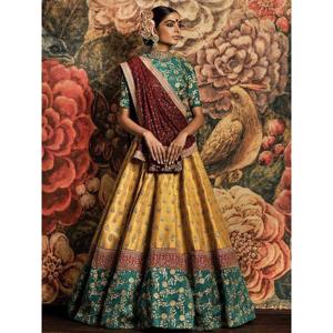 Teal Green and Yellow Embroidered Bridal <b>Lehenga</b> Choli for Wedding Apparel - Product Image 4