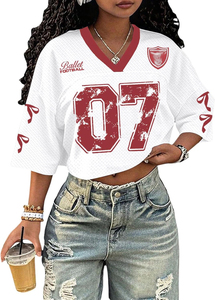 Maillot de football rose à col en V en maille pour femme, coupe ample, manches courtes, numéro 99, imprimé étoile, respirant, style sportif, printemps-été - Product Image 4