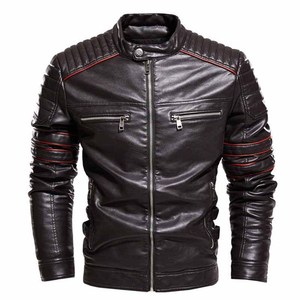 Chaqueta de Cuero Negra para Hombre, Estilo Motero, con Rayas Rojas en los Hombros Acolchados, Resistente al Viento, Ecológica, con Bolsillos con Cremallera - Product Image 1