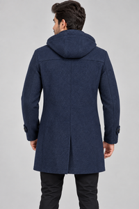 Manteau long en laine bleue pour homme avec capuche, col à revers cranté, double boutonnage, fermeture éclair, trench-coat - Product Image 2
