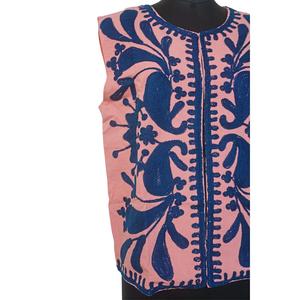Woman Handmade Breathable Cotrise Suzani Embroidered Jacket Floral Printing Outerwear O-Neck Short Length <b>Covered</b> <b>Button</b> Closure - Product Image 6