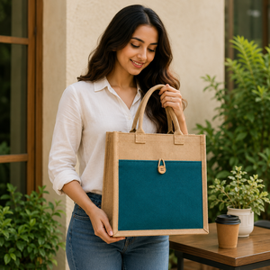 Sac fourre-tout moyen en jute AMANI avec fermeture à bouton, motif lettres, poignée longue – Idéal pour cadeaux et courses - Product Image 3