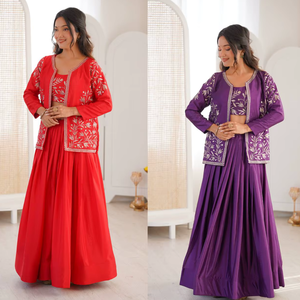 Vêtements et accessoires ethniques indiens : Ensemble en soie mousseline épaisse, Lehenga évasé uni, Blouse brodée, Veste Koti (HK 67) - Product Image 5