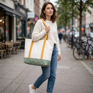 <b>Canvas</b> <b>Tote</b> Bag Large Size White with Navy Blue Trim Hand Length Handles Shopping Bag for Groceries Reusable Eco-Friendly Design - Product Image 6