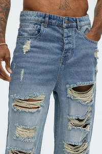 Jeans de Mezclilla para Hombre, Corte Recto, Desgastados y Rotos, Cintura Media, Ajuste Holgado, Estilo Casual, Color Azul, Estilo Primavera - Product Image 2