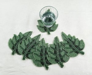 Green Leaf Embroidered Fabric Coasters Set of 6 Reusable <b>Bar</b> <b>Mats</b> Classic Style - Product Image 2