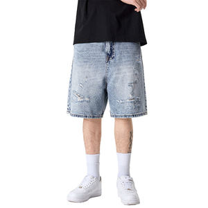 Men's Light Wash Distressed Denim Shorts Straight Leg Mid Waist Casual Summer Wear Ripped Hole Design Woven Cotton Fabric - Product Image 1
