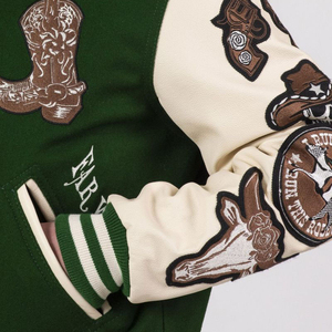 Good Quality <b>Men's</b> Baseball <b>Jacket</b> With <b>Leather</b> Sleeves Wholesale Embroidered Patchwork Western Design <b>Men's</b> <b>Jackets</b> - Product Image 6
