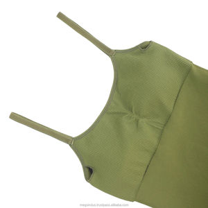 Women Ribbed Seamless <b>Bodysuit</b> <b>Square</b> <b>Neck</b> Spaghetti Strap Full Length Solid Color Gym Wear Green - Product Image 6