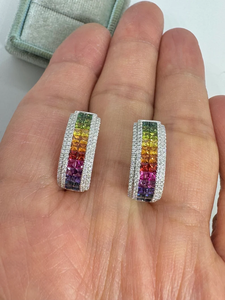 Pendientes de Aro con Zafiros Arcoíris, Oro de 14K y 18K, Pendientes Huggie con Diamantes y Piedras Preciosas Multicolores, Joyería Fina de Lujo para Mujer - Product Image 3