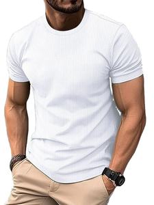 T-shirt à manches courtes pour homme, coupe classique, col rond, 100% coton, respirant, décontracté, rayé, jersey tricoté, 320g, blanc - Product Image 3