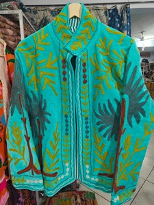 Hand Embroidered Floral Jacket Turquoise Green Yellow Palm <b>Tree</b> Pattern Shawl Collar Full Sleeve Summer Women's <b>Coat</b> - Product Image 1