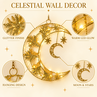 Décoration Eid Mubarak Ramadan : Lune et étoile scintillantes à LED en jacinthe d'eau, durables et réutilisables, petites et moyennes, à suspendre au mur pour le salon