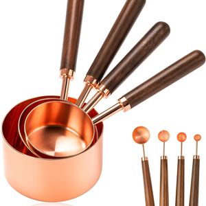 <b>Measuring</b> <b>Cups</b> and Spoons <b>Set</b> of 8 Stainless Steel with Wood Handle Copper Polished Finish Baking Tools for Dry & Liquid - Product Image 1