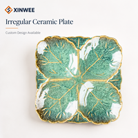 Assiette à dîner en porcelaine verte irrégulière avec glaçure texturée en forme de feuille, assiette en céramique personnalisée pour restaurant, hôtel, vente en gros