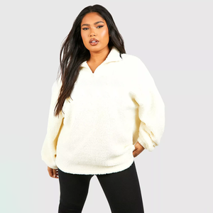 Nouveau sweat à capuche oversize élégant en sherpa Teddy, design streetwear, col montant, demi-zip, en polaire, pour femme - Product Image 1