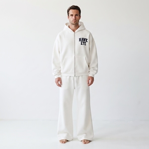 Custom Wholesale High Quality Men Cotton Fleece Tracksuit Two Piece Set Full Zip Hoodie <b>Wide</b> <b>Leg</b> <b>Jogger</b> Oversized Fit - Product Image 1