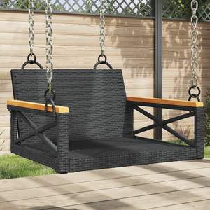 Banc à bascule en bois d'acacia massif avec structure en acier thermolaqué et rotin PE noir pour usage extérieur - Product Image 1