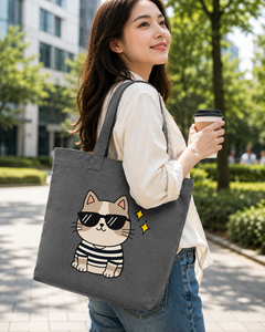 Sac fourre-tout en toile grise avec imprimé chat de dessin animé, motif chemise rayée et lunettes de soleil, style décontracté pour le voyage et le shopping - Product Image 6