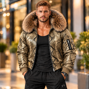 Men Python Leather Luxury <b>Hooded</b> <b>Jacket</b> with <b>Fur</b> Trim Contemporary Motorcycle Fashion, Herren Lederjacke | Chaqueta Hombre Cuero - Product Image 1