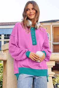 Women's <b>Winter</b> Oversized Pink Hoodie Long Sleeve Button Neck Casual Streetwear Loose Fit Pullover <b>Top</b> with Front Logo - Product Image 3