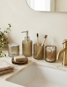 Three-piece Ribbed Glass Ceramic Eco-Friendly Bathroom Accessories <b>Set</b> <b>Soap</b> Dispenser Toothbrush Holder <b>Soap</b> Dish Cotton Jar - Product Image 4