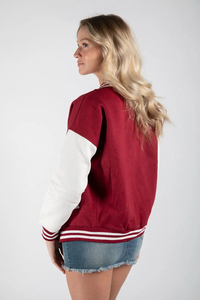 Chaqueta Varsity Roja y Blanca para Mujer, Manga Larga, Letra A Bordada, Cuello Camisero, Ropa de Abrigo para Otoño - Product Image 3