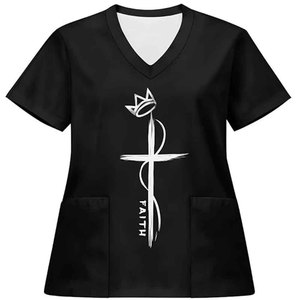 Women's <b>Cow</b> <b>Print</b> Scrub <b>Top</b> Short Sleeve V-Neck With Pockets Hospital Uniform Blouse - Product Image 5