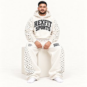 REXFIT SPORTS <b>Men's</b> Hoodie Tracksuit Set <b>White</b> Cotton French Terry Printed Casual Autumn Wear <b>Joggers</b> - Product Image 1