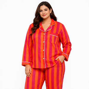 Ensemble de pyjama en coton tissé imprimé à rayures verticales florales pour femmes, vêtements de détente, printemps été, séchage rapide, longueur intégrale - Product Image 1