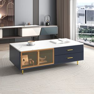 Tavolino da Caffè Moderno Multicolore con Illuminazione, 2 Ante in Vetro, 4 Cassetti e Gambe in Metallo Dorato, 120 cm - Product Image 2