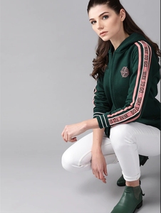 Sweat-shirt à capuche vert pour femme, manches longues, logo brodé, lettres roses, rayures, en coton tricoté, pour l'automne - Product Image 2