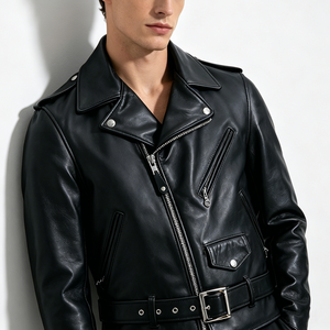 Chaqueta de Motociclista de Cuero Genuino para Hombre, Cuello Camisero, Cierre de Cremallera, Cinturón, Color Sólido, para Otoño e Invierno - Product Image 6