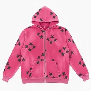 Men's Pink <b>Hooded</b> <b>Zip</b>-Up Fleece Sweatshirt Black Star Print Regular Sleeve Winter Style Waterproof Windproof Polyester/Cotton - Product Image 1