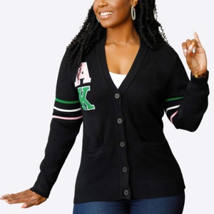 Cárdigan Personalizado Alpha para Mujer, Negro y Rosa, Cuello en V, Manga Larga, Tejido de Punto, con Logotipo AK Verde y Detalles de Parche - Product Image 2