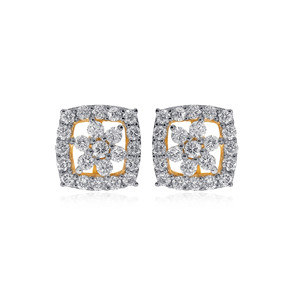 Boucles d'oreilles clous en or 18 carats, forme coussin, motif floral, diamants de laboratoire taille ronde, bijoux fins élégants, cadeau de mariage pour femme - Product Image 1