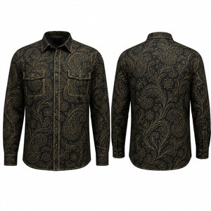 Chemise de travail à manches longues pour homme en coton noir à imprimé cachemire, confortable, uniforme de mode imprimé à l'écran - Product Image 1