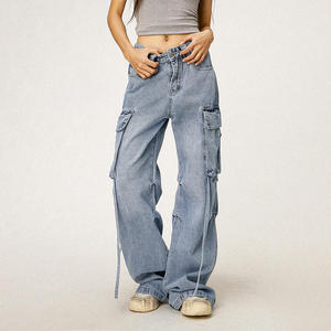 Jeans de Mezclilla Cargo de Cintura Alta y Corte Holgado para Mujer, Color Sólido, Lavado a la Piedra, Algodón, Casual, Largos, Estilo Primavera - Product Image 2