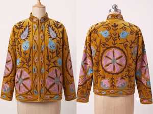 Mustard Yellow Suzani Embroidered <b>Jacket</b> <b>Men</b> And Women Handmade Mustard Yellow Floral Suzani Boho Outerwear Artisan Embroidered - Product Image 5