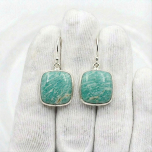 Pendientes colgantes cuadrados de amazonita con engaste de bisel, hechos a mano con plata de ley 925 maciza, estilo bohemio, para mujer. - Product Image 2